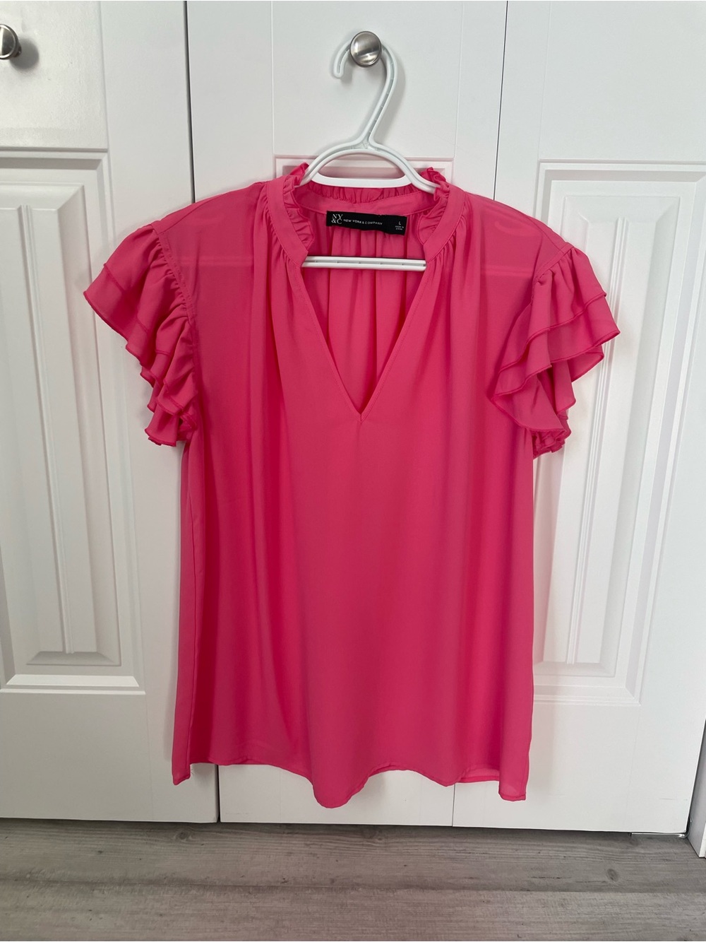 New York & Company Hot Pink Ruffle Sleeve V-Neck Blouse